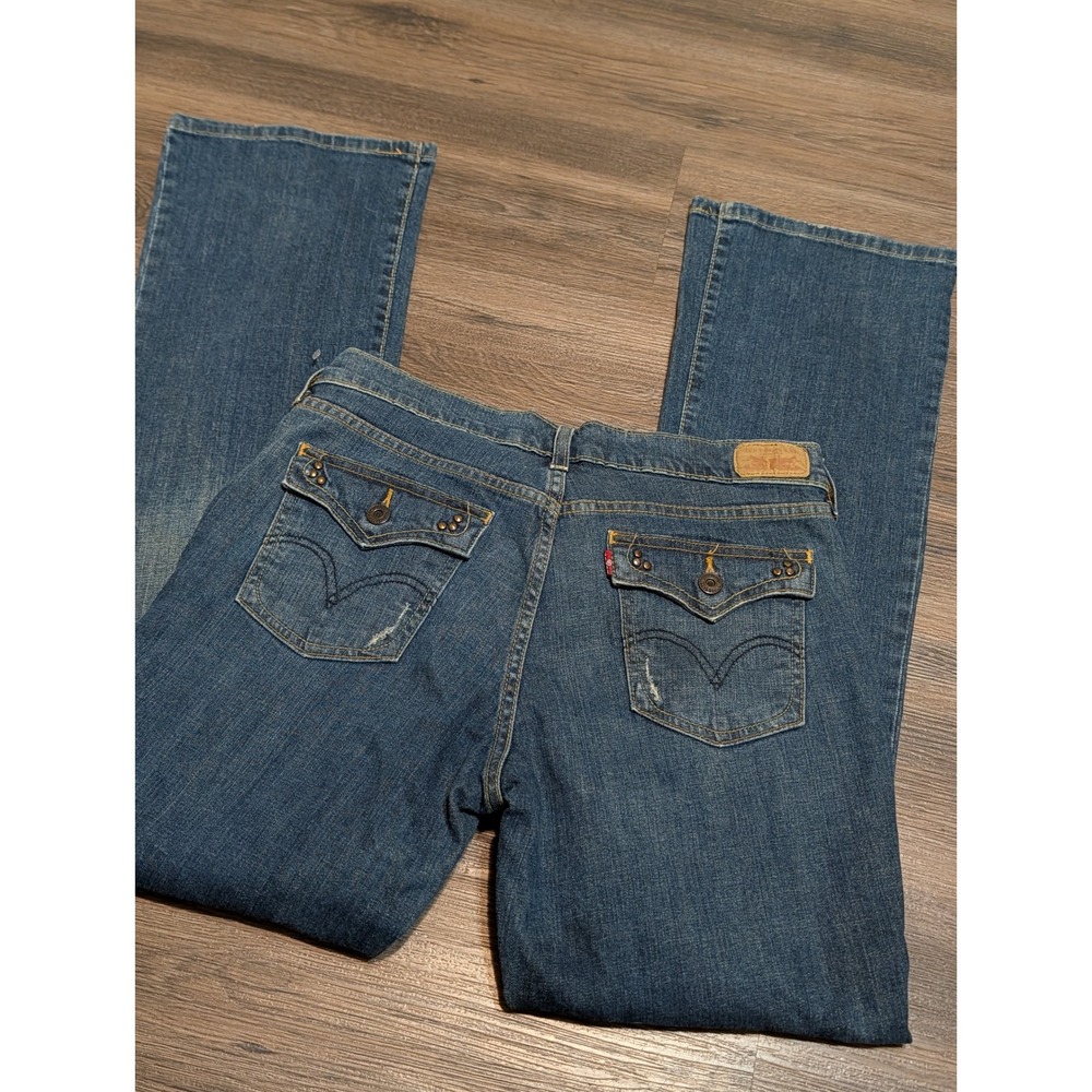 Levis 515 Boot Cut Jeans Womens 8 L Medium Wash Flap Pocket Studded Denim Blue